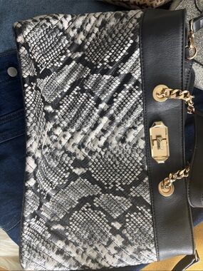 Aldo Black and White Snake-Print Satchel with Gold Hardware